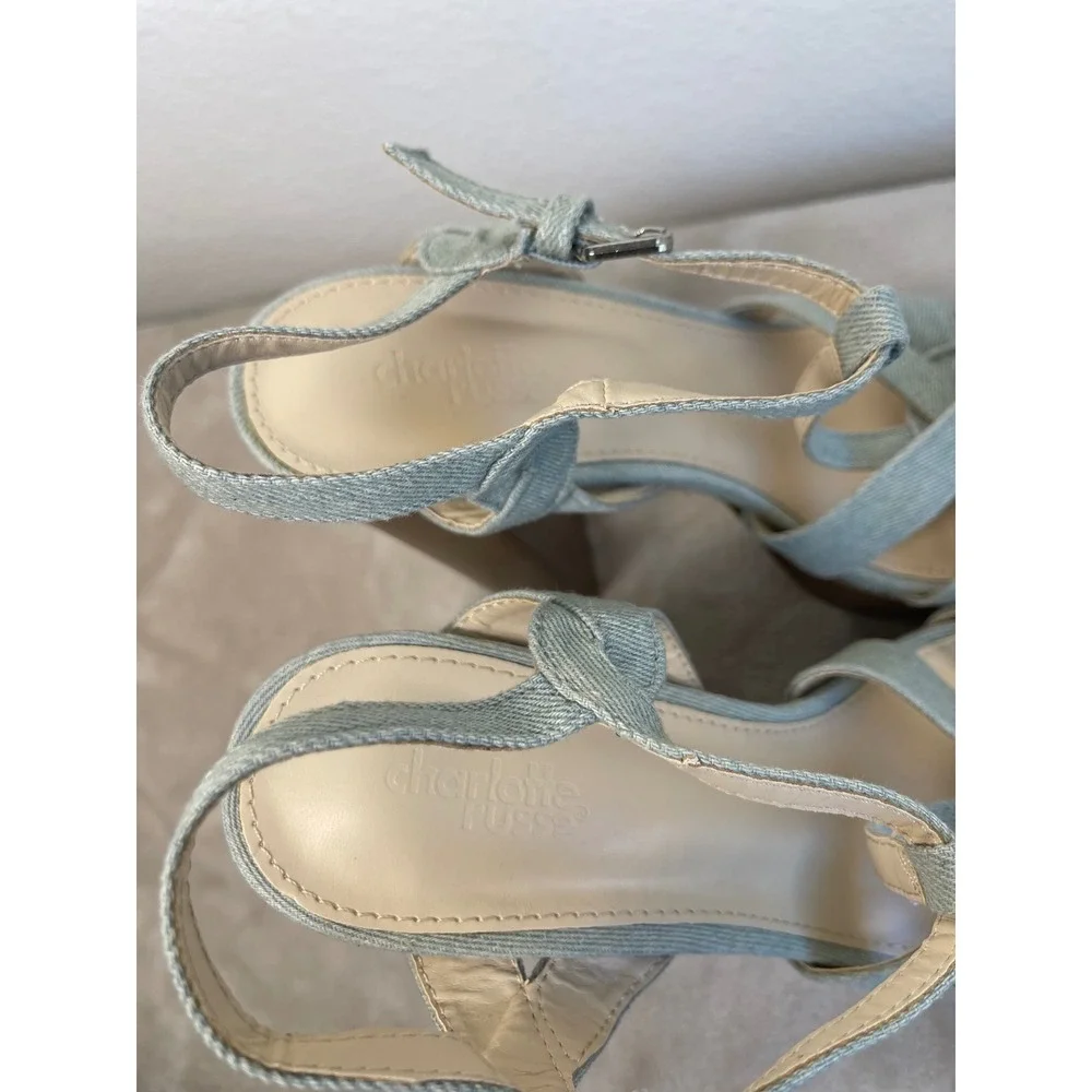 Charlotte Russe Denim Platform Sandals Light Wash Blue Strappy Block Heel Size 9